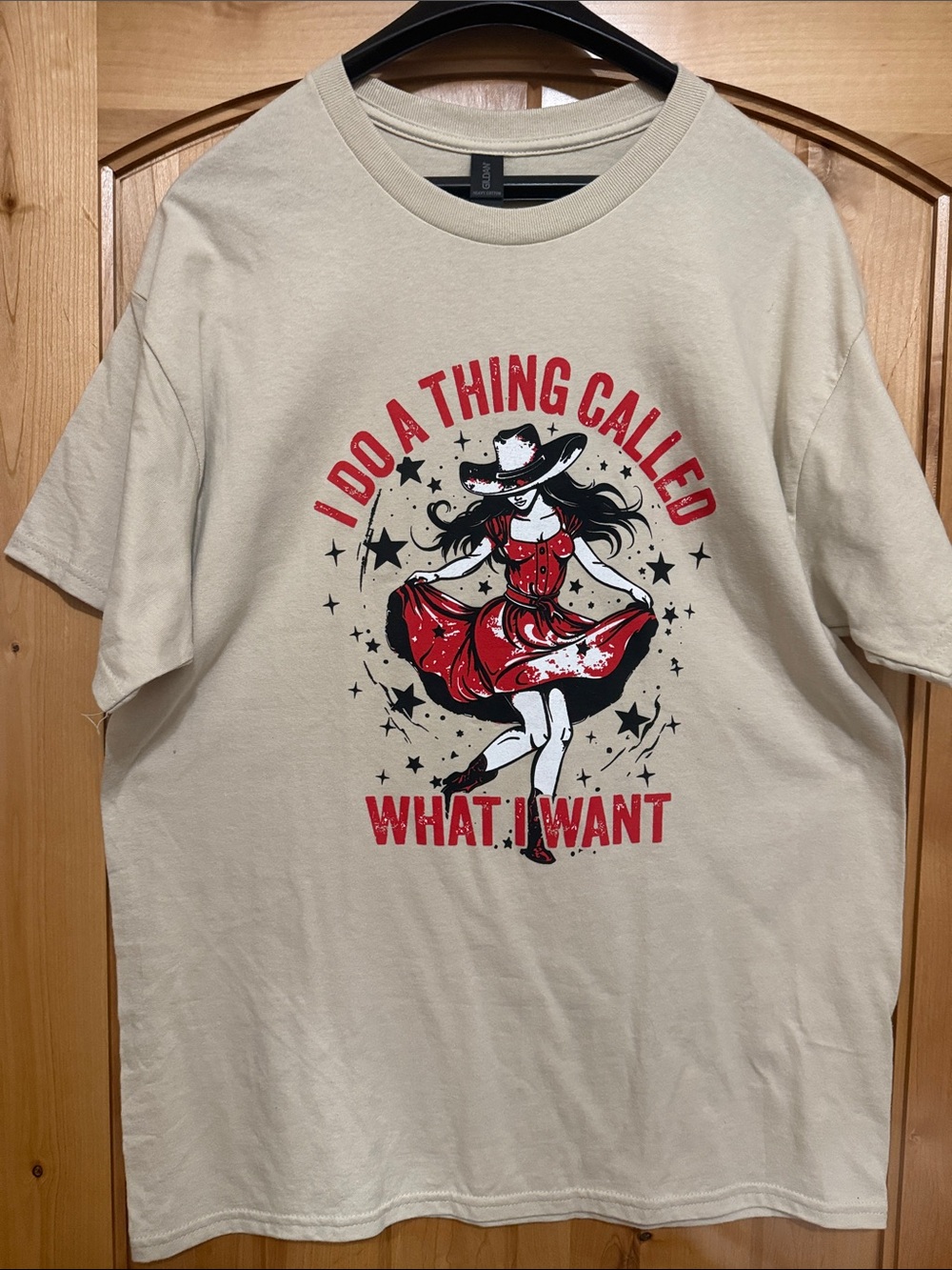 Women’s Graphic Tee with Red Cowgirl Dance Design